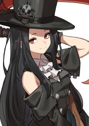 Rule 34 | 1other, absurdres, androgynous, ascot, asymmetrical sleeves, bare shoulders, black gloves, black hair, black hat, gazacy (dai), gloves, guilty gear, hat, hat ornament, highres, holding, holding scythe, long hair, looking at viewer, other focus, red eyes, scythe, simple background, skull, smile, solo, testament (guilty gear), top hat, white ascot, white background