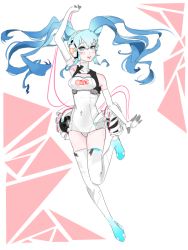 Rule 34 | 1girl, blue eyes, blue hair, boots, clothes writing, covered navel, drawfag, full body, gloves, goodsmile racing, hatsune miku, headphones, long hair, matching hair/eyes, solo, string, thigh boots, thighhighs, twintails, vocaloid, white footwear, white thighhighs