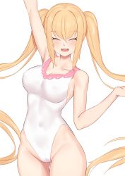 Rule 34 | 1girl, :d, ^ ^, arm up, bare arms, bare shoulders, blonde hair, breasts, cleavage, closed eyes, collarbone, commentary request, covered navel, facing viewer, groin, hair between eyes, highres, jilu, leotard, long hair, medium breasts, open mouth, pecorine (princess connect!), princess connect!, simple background, smile, solo, twintails, very long hair, white background, white leotard
