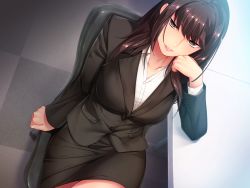 Rule 34 | 1girl, black jacket, black skirt, breasts, brown eyes, brown hair, checkered floor, collarbone, collared shirt, do s na ol joou-sama, do s na ol joou sama, dress shirt, eyelashes, formal, from above, game cg, hair intakes, half-closed eyes, head rest, jacket, large breasts, long hair, long sleeves, looking at viewer, miniskirt, nana g, office lady, parted lips, pencil skirt, shirt, sitting, skirt, skirt suit, solo, straight hair, sugimoto ayane, suit, white shirt, wing collar