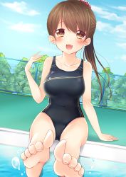 Rule 34 | 1girl, :3, :d, bad feet, blush, breasts, brown eyes, brown hair, bunsai, collarbone, competition swimsuit, covered navel, day, dutch angle, fang, feet, foreshortening, hair between eyes, hair ornament, hair scrunchie, hand up, highres, long hair, looking at viewer, medium breasts, moe2017, one-piece swimsuit, open mouth, original, outdoors, ponytail, pool, poolside, scrunchie, sitting, smile, soles, solo, swimsuit, thighs, toes, water drop