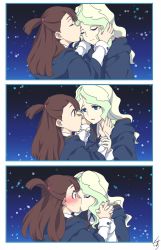 Rule 34 | 10s, 2girls, artist request, blonde hair, blue eyes, blush, brown hair, closed eye, comic, diana cavendish, green hair, highres, kagari atsuko, kiss, little witch academia, long hair, looking at another, multicolored hair, multiple girls, red eyes, surprise kiss, surprised, yuri