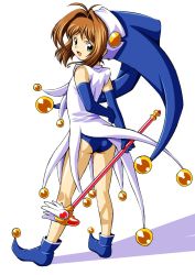 Rule 34 | 1990s (style), 1girl, ass, blue gloves, blue hat, brown hair, cardcaptor sakura, elbow gloves, full body, fuuin no tsue, gloves, goldsickle, green eyes, happy, hat, holding, holding behind back, jester, kinomoto sakura, leotard, looking at viewer, looking back, magical girl, retro artstyle, short hair, solo, standing, wand, white background