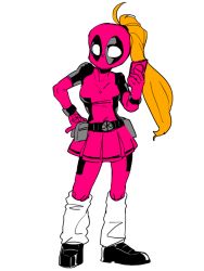 Rule 34 | 1girl, belt, belt buckle, belt pouch, blonde hair, breasts, buckle, female focus, full body, high ponytail, lady deadpool, marvel, mask, phone, pouch, simple background, skirt, solo, wanda wilson, white background