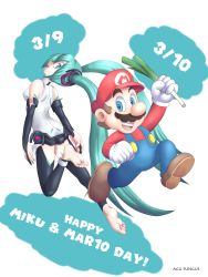 Rule 34 | 1boy, 1girl, age difference, anniversary, blue eyes, blue hair, breasts, facial hair, full body, gloves, grin, hat, hatsune miku, highres, mario, mario (series), mustache, nintendo, open mouth, smile, super mario bros. 1, twintails, vocaloid