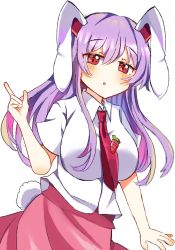 Rule 34 | 1girl, animal ears, blush, breasts, carrot pin, collared shirt, commentary request, eyelashes, eyes visible through hair, hair between eyes, hand up, highres, large breasts, long hair, looking at viewer, necktie, open mouth, pink necktie, pink skirt, pointing, puffy short sleeves, puffy sleeves, purple hair, rabbit ears, rabbit tail, red eyes, reisen udongein inaba, shirt, short sleeves, simple background, skirt, solo, standing, tail, touhou, white background, white shirt, zerokosan