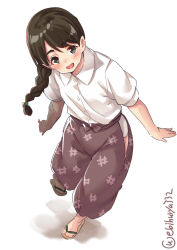 Rule 34 | 1girl, alternate costume, arms at sides, blush, braid, brown eyes, brown hair, brown pants, casual, collared shirt, ebifurya, from above, full body, hair between eyes, hair ribbon, highres, hip vent, japanese clothes, kantai collection, long hair, looking at viewer, no socks, open mouth, pants, ribbon, sandals, shirt, short sleeves, single braid, smile, solo, twitter username, uranami (kancolle), white background, white shirt