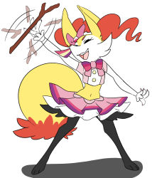 Rule 34 | 1girl, animal ears, animal hands, arm up, bow, braixen, claws, closed eyes, creatures (company), feet, female focus, fox ears, fox tail, full body, furry, furry female, game freak, gen 6 pokemon, highres, katestrife, legs apart, midriff, navel, nintendo, open mouth, outstretched arms, pink bow, pink shirt, pink skirt, pokemon, pokemon (creature), pokemon xy, shirt, short sleeves, simple background, skirt, smile, solo, standing, stick, tail, teeth, white background, wrist cuffs