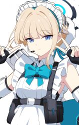 Rule 34 | 1girl, apron, armpits, black gloves, blonde hair, blue archive, blue bow, blue bowtie, blue eyes, blue ribbon, bow, bowtie, braid, breasts, bun cover, chest harness, closed mouth, commentary, double v, earpiece, elbow gloves, expressionless, fingerless gloves, french braid, frills, gloves, hair bun, hair intakes, halo, harness, highres, leotard, leotard under clothes, looking at viewer, maid headdress, medium breasts, pouch, reia 76, ribbon, single hair bun, sleeveless turtleneck leotard, symbol-only commentary, toki (blue archive), twitter username, upper body, v, white apron, white background