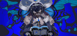 Rule 34 | 1girl, absurdres, black hair, blue background, blue hair, book, brooch, coat, fur-trimmed coat, fur-trimmed sleeves, fur trim, hat, highres, hololive, hololive china, jewelry, king (vocaloid), long hair, long sleeves, looking at viewer, mianbao yao a yao, monocle, mushroom, official art, rosalyn (hololive), solo, straight-on, teeth, virtual youtuber, vocaloid