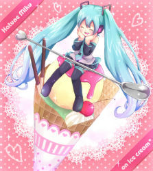 Rule 34 | aqua hair, bad id, bad pixiv id, character name, cherry, closed eyes, detached sleeves, food, fruit, hands on own face, hatsune miku, headphones, ice cream, ice cream cone, in food, long hair, mini person, minigirl, necktie, sitting, skirt, solo, sparkle, spoon, thighhighs, twintails, very long hair, vocaloid