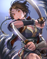Rule 34 | 1girl, bracelet, breasts, brown eyes, brown hair, bushin renkei zero, character request, cleavage, comet (teamon), dagger, dual wielding, earrings, holding, japanese clothes, jewelry, kimono, knife, looking at viewer, ninja, obi, parted lips, sash, sheath, short hair, solo, sword, weapon