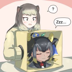 Rule 34 | 2girls, ?, alpine marmot (kemono friends), animal ears, black eyes, black hair, blonde hair, box, broken horn, brown hair, closed eyes, closed mouth, confused, eyelashes, furrowed brow, gloves, goshingyu-sama (kemono friends), grabbing, grey hair, grey horns, hand on another&#039;s cheek, hand on another&#039;s face, horn grab, horns, kemono friends, light blush, light smile, long hair, long sleeves, looking at object, mukouyama mu, multicolored hair, multiple girls, open mouth, ox ears, ox horns, sleeping, sleeping upright, spoken question mark, sweater, tan, two-tone hair, yellow horns, zzz