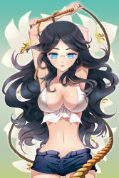 Rule 34 | 1girl, armpits, arms up, bikini, bikini top only, black hair, blue eyes, breasts, character request, cleavage, covered erect nipples, cowboy shot, floral background, flower, front-tie top, glasses, gradient background, large breasts, lily (flower), lips, long hair, midriff, navel, open fly, outline, rope, shiny skin, short shorts, shorts, solo, swimsuit, sword girls, tari, tariqueen, unzipped, white bikini