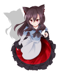 Rule 34 | 1girl, :3, animal ears, blush, breasts, brown hair, cleavage, dress, fang, fang out, fingernails, imaizumi kagerou, jewelry, long fingernails, long hair, looking at viewer, looking up, mofumofushirokitsune, red eyes, shadow, sharp fingernails, simple background, smile, solo, touhou, white background, wolf ears