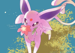 Rule 34 | animal focus, bright pupils, commentary request, creatures (company), espeon, flower, forehead jewel, forked tail, game freak, gen 2 pokemon, highres, mouth hold, nintendo, no humans, pink flower, pokemon, pokemon (creature), shiramizore (rate1026), solo, standing, tail, thank you, white pupils
