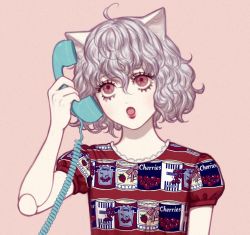 Rule 34 | 1girl, :o, ahoge, animal ears, bare arms, bella scottland, casual, cat ears, cat girl, cherry, corded phone, doll joints, eyelashes, flat chest, food, fruit, genderswap, genderswap (otf), grey hair, hair between eyes, hand up, holding, holding phone, hunter x hunter, joints, lipstick, makeup, neferpitou, open mouth, phone, print shirt, puffy short sleeves, puffy sleeves, red background, red shirt, shirt, short hair, short sleeves, simple background, solo, talking on phone, upper body, wavy hair