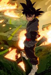 Rule 34 | 10s, apocalypse, arms behind back, black eyes, boots, dragon ball, dragon ball super, earrings, fire, goku black, highres, jewelry, white footwear