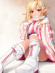 Rule 34 | 1girl, absurdres, belt, blonde hair, boots, braid, breasts, clothes in mouth, cross-laced footwear, dark-skinned female, dark skin, elf, flower, french braid, hair flower, hair ornament, high belt, highres, holding, hololive, hood, hood down, hooded jacket, jacket, jewelry, long hair, looking at viewer, medium breasts, mouth hold, multicolored hair, necklace, necktie, on floor, open clothes, open jacket, pearl necklace, pink jacket, pink necktie, pink scarf, pink socks, pixiv username, plaid, plaid scarf, plaid socks, pointy ears, qiaogun damodao, red eyes, scarf, shiranui flare, shiranui flare (4th costume), shirt, sitting, socks, solo, streaked hair, twitter username, virtual youtuber, white footwear, white jacket, white shirt