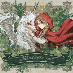 Rule 34 | 1girl, album cover, bandages, bandages, blood, bloody bandages, braid, cloak, corset, cover, dragon, eyepatch, closed eyes, facing another, fantasy, hand up, highres, horns, light brown hair, long hair, long sleeves, original, red cloak, red hood, s0shir0, scar, scar across eye, scar on face, solo, upper body, white wings, wings
