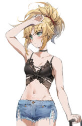 Rule 34 | 1girl, arm up, bare shoulders, black bra, blonde hair, blue shorts, bra, braid, breasts, choker, collarbone, commentary request, denim, denim shorts, fate/apocrypha, fate (series), french braid, green eyes, highres, long hair, looking to the side, mordred (fate), mordred (fate/apocrypha), navel, parted bangs, ponytail, short shorts, shorts, sidelocks, small breasts, solo, thighs, tonee, underwear