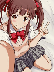 Rule 34 | 1girl, bed sheet, black socks, bow, bowtie, brown eyes, brown hair, brown vest, checkered clothes, checkered skirt, closed mouth, collared shirt, commentary request, foreshortening, grey skirt, hair ribbon, idolmaster, idolmaster cinderella girls, lielos, looking at viewer, medium hair, miniskirt, ogata chieri, on bed, pleated skirt, reaching, reaching towards viewer, red bow, red bowtie, red ribbon, ribbon, selfie, shirt, sidelocks, sitting, skirt, smile, socks, solo, sweater vest, twintails, v, vest, wariza, white shirt, wing collar