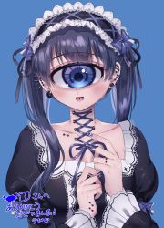 Rule 34 | 1girl, :d, absurdres, azen (mntimcczgrtn), blue eyes, blush, collarbone, collarbone piercing, corset piercing, cyclops, ear piercing, earrings, fangs, finger piercing, frills, hair over shoulder, hairband, highres, jewelry, juliet sleeves, lace trim, lolita hairband, long hair, long sleeves, looking at viewer, monster girl, multiple earrings, nail art, nail polish, one-eyed, open mouth, original, piercing, puffy sleeves, smile, solo, tongue piercing, twintails