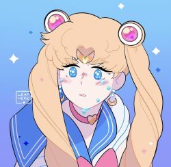 Rule 34 | 1girl, bishoujo senshi sailor moon, blonde hair, blue background, blue eyes, blue sailor collar, blush stickers, choker, commentary, crescent, crescent earrings, derivative work, earrings, gradient background, hair ornament, heart, heart choker, jewelry, leaphere, long hair, meme, parted lips, pink choker, purple background, sailor collar, sailor moon, sailor moon redraw challenge (meme), sailor senshi uniform, screenshot redraw, shirt, signature, solo, tears, tsukino usagi, twintails, upper body, white shirt