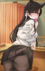 Rule 34 | 1girl, animal ears, atago (azur lane), atago (school traumerei) (azur lane), atago (school traumerei) (azur lane), azur lane, bad id, bad pixiv id, black hair, black pantyhose, black sailor collar, black skirt, blush, breasts, clothes lift, condom, condom in mouth, condom wrapper, extra ears, from behind, hair ribbon, indoors, infirmary, large breasts, lifting own clothes, long hair, looking at viewer, looking back, mole, mole under eye, mouth hold, osoishoya, panties, panties under pantyhose, pantyhose, pleated skirt, ribbon, sailor collar, school uniform, skirt, skirt lift, smile, solo, standing, swept bangs, thighband pantyhose, underwear, white ribbon
