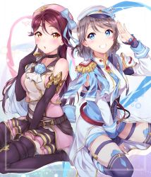 Rule 34 | 2girls, between legs, black footwear, black gloves, blue flower, blue rose, blush, boots, bow, breasts, choker, elbow gloves, epaulettes, finger to cheek, flower, gloves, granblue fantasy, grin, hair between eyes, hair ornament, hand between legs, hat, hat bow, long hair, long sleeves, looking at viewer, love live!, love live! sunshine!!, medium breasts, multiple girls, parted lips, pink hat, rose, sakurauchi riko, salute, short hair, sitting, smile, surfing orange, swept bangs, thigh boots, thighhighs, wariza, watanabe you, white background, white hat