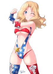 Rule 34 | 1girl, american flag swimsuit, arm up, asymmetrical footwear, blonde hair, blue eyes, boots, breasts, commentary, cross-laced footwear, dated, girls und panzer, groin, hair intakes, highres, kay (girls und panzer), kuzuryuu kennosuke, lace-up boots, long hair, looking at viewer, medium breasts, mismatched footwear, multicolored clothes, multicolored footwear, multicolored swimsuit, navel, one-hour drawing challenge, one eye closed, simple background, skindentation, slingshot swimsuit, solo, standing, star (symbol), star print, stretching, sweat, swimsuit, thigh boots, thighhighs, twitter username, underboob, white background