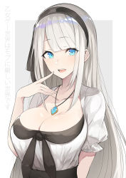 Rule 34 | 1girl, arm at side, arm behind back, black hairband, blue hair, breasts, collarbone, commentary request, graphite (medium), hairband, highres, index finger raised, jewelry, large breasts, light blue hair, long hair, luse maonang, mature female, mechanical pencil, mylene rapha holfort, open mouth, otome game sekai wa mob ni kibishii sekai desu, outside border, pencil, pendant, puffy short sleeves, puffy sleeves, queen, short sleeves, solo, straight hair, swept bangs, traditional media, translation request, very long hair, white hair