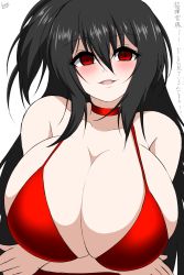Rule 34 | 1girl, absurdres, arms under breasts, azur lane, bare shoulders, black hair, blank eyes, blush, breasts, choker, cleavage, cocktail dress, collarbone, dress, hair between eyes, highres, huge breasts, k (kite), long hair, looking at viewer, no bra, parted lips, red choker, red dress, red eyes, signature, solo, spaghetti strap, taihou (azur lane), taihou (forbidden feast) (azur lane), translation request, very long hair, yandere
