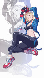 Rule 34 | 1girl, blonde hair, blue eyes, bob cut, breasts, cammy white, choker, citemer, cleavage, denim, denim jacket, facial scar, fingerless gloves, gloves, highres, jacket, leggings, looking at viewer, medium breasts, midriff, nail polish, open clothes, open jacket, pendant choker, red gloves, scar, scar on cheek, scar on face, shoes, simple background, sleeves rolled up, sneakers, sports bra, street fighter, street fighter 6, white background