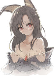 Rule 34 | 1girl, absurdres, animal ears, bare shoulders, blush, breasts, brooch, brown hair, cleavage, closed mouth, collarbone, dress, fang, hair between eyes, hair over shoulder, highres, imaizumi kagerou, jewelry, long hair, looking at viewer, medium breasts, off shoulder, red eyes, simple background, solo, touhou, upper body, watchi, white background