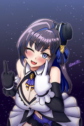 Rule 34 | 1girl, ahoge, anniversary, artist name, black gloves, black sleeves, blue eyes, blue hair, breasts, cleavage, cleavage cutout, clothing cutout, commentary, detached sleeves, double middle finger, fang, gloves, highres, idol, idol clothes, kson, large breasts, long hair, looking at viewer, middle finger, mole, mole under eye, multicolored hair, navel, navel cutout, one eye closed, open mouth, purple hair, single sleeve, skin fang, skirt, souchou, streaked hair, virtual youtuber, vshojo, white gloves, white skirt, zero130