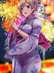Rule 34 | 10s, 1girl, aiba yumi, asymmetrical hair, blonde hair, blue kimono, bracelet, brown eyes, commentary request, fireworks, flower, hair flower, hair ornament, highres, hip focus, idolmaster, idolmaster cinderella girls, japanese clothes, jewelry, kimono, looking at viewer, looking to the side, night, obi, open mouth, outdoors, ryuu., sash, short hair, smile, solo, wide sleeves