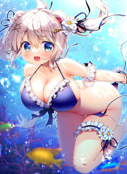 Rule 34 | 1girl, :d, air bubble, animal, animal ears, bare shoulders, bear ears, bikini, blue bikini, blue eyes, blue ribbon, blurry, blurry background, blurry foreground, blush, breasts, bubble, cleavage, collarbone, commentary request, coral, day, depth of field, fang, feet out of frame, fish, flower, freediving, frilled bikini, frills, hair flower, hair ornament, hair ribbon, highres, large breasts, long hair, looking at viewer, navel, ocean, open mouth, original, outdoors, ribbon, sasai saji, side-tie bikini bottom, smile, solo, star (symbol), star hair ornament, swimsuit, twintails, underwater, untied bikini, white flower, white hair, x hair ornament
