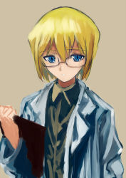 Rule 34 | 1girl, bad id, bad pixiv id, blonde hair, blue eyes, clipboard, glasses, lab coat, long sleeves, posidoc, simple background, solo, strike witches, strike witches: suomus misfits squadron, ursula hartmann, world witches series
