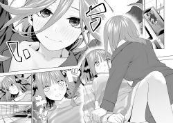 Rule 34 | 2girls, blush, breasts, collarbone, commentary request, couch, go-toubun no hanayome, greyscale, hair between eyes, highres, incest, indoors, kosmos beta, large breasts, long hair, long sleeves, looking at another, looking away, looking to the side, lying, monochrome, multiple girls, nakano miku, nakano nino, on back, on couch, open mouth, siblings, sisters, smile, twincest, twins, yuri