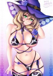 Rule 34 | 1girl, animal print, arm behind head, bare arms, bare shoulders, bikini, blonde hair, blue background, breasts, closed mouth, cow print, flower, genshin impact, gradient background, green eyes, hair flower, hair ornament, hat, hat flower, highres, large breasts, lisa (genshin impact), looking at viewer, nail polish, patreon username, pink background, purple flower, purple hat, purple nails, purple rose, rose, sevie, skindentation, smile, solo, strapless, swimsuit, thighhighs, thighs, twitter username, white background, witch hat