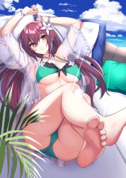 Rule 34 | 1girl, absurdres, aqua bikini, arms up, bikini, black bikini, bracelet, breasts, day, fate/grand order, fate (series), flower, hair flower, hair ornament, highres, horizon, jacket, jewelry, large breasts, long hair, looking at viewer, nail polish, ocean, outdoors, parted lips, pillow, pipin try, plant, purple hair, red eyes, scathach (fate), scathach skadi (fate), scathach skadi (swimsuit ruler) (fate), scathach skadi (swimsuit ruler) (final ascension) (fate), see-through, see-through jacket, see-through sleeves, solo, swimsuit