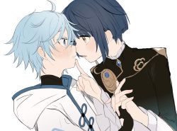 Rule 34 | 2boys, asymmetrical bangs, bad id, bad twitter id, blue eyes, blue hair, blush, chongyun (genshin impact), commentary request, frilled shirt collar, frilled sleeves, frills, from side, genshin impact, grabbing another&#039;s chin, hand on another&#039;s chin, highres, holding hands, imminent kiss, interlocked fingers, light blue hair, long sleeves, looking at another, multiple boys, open mouth, short hair, simple background, sweatdrop, white background, xingqiu (genshin impact), yaoi, yellow eyes, yoko (nz g)