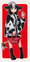 Rule 34 | 1girl, absurdres, animal collar, animal ears, animal print, bag, bell, black eyes, black hair, boots, breast pocket, closed mouth, coat, collar, contemporary, cow ears, cow girl, cow print, cow tail, cowbell, ear piercing, extra ears, frilled skirt, frills, hand up, highres, holding, holstein friesian cattle (kemono friends), horizontal pupils, kemono friends, long sleeves, looking at viewer, medium hair, miniskirt, multicolored hair, piercing, pocket, sidelocks, skirt, smile, solo, standing, tail, toriny, two-tone hair, white hair