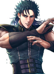 Rule 34 | 040shao, 1boy, arm warmers, arms up, belt, blue eyes, blue hair, commentary request, green shirt, highres, hokuto no ken, looking at viewer, male focus, medium hair, multiple belts, muscular, muscular male, parted lips, rei (hokuto no ken), shirt, shoulder pads, simple background, sleeveless, sleeveless shirt, solo, upper body, white background