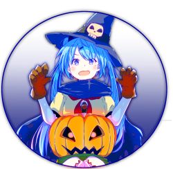Rule 34 | 1girl, 1other, aqua eyes, aqua hair, artist request, blush, cosplay, crossover, digimon, digimon (creature), fang, gloves, halloween, halloween costume, hat, hatsune miku, long hair, looking at viewer, necktie, open mouth, pumpmon, robe, size difference, skin fang, twintails, very long hair, vocaloid, witch hat, wizarmon (cosplay)