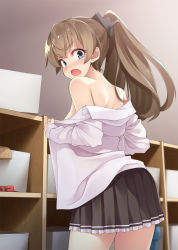 Rule 34 | 1girl, back, bare shoulders, blue eyes, blush, breasts, brown hair, brown skirt, eyelashes, frilled skirt, frills, from behind, hair ornament, head tilt, highres, indoors, kantai collection, kumano (kancolle), long hair, long sleeves, looking at viewer, looking back, medium breasts, mofu namako, open clothes, open mouth, pleated skirt, ponytail, shirt, shoulder blades, skirt, solo, standing, undressing, white shirt
