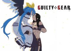 Rule 34 | angel wings, asymmetrical wings, bad id, blue hair, closed eyes, dizzy (guilty gear), dress, fingerless gloves, gloves, guilty gear, guilty gear xrd, highres, holding, long dress, long hair, moontears, smile, testament (guilty gear), third, third-party edit, twintails, very long hair, white background, white dress, wings