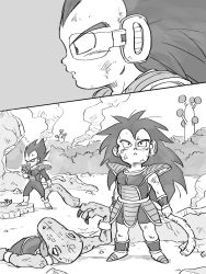 Rule 34 | 2boys, armor, black eyes, black hair, boots, close-up, comic, dirty, dirty clothes, dirty face, dragon ball, eating, expressionless, full body, grey background, greyscale, highres, long hair, looking away, looking up, male focus, monochrome, multiple boys, outdoors, profile, raditz, scouter, silent comic, simple background, smoke, standing, tail, tkgsize, upper body, vegeta, aged down