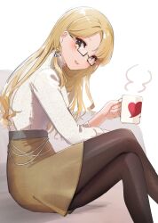 Rule 34 | 1girl, black-framed eyewear, black pantyhose, blonde hair, breasts, brown skirt, crossed legs, cup, feet out of frame, from side, glasses, holding, holding cup, kantai collection, large breasts, long hair, long sleeves, looking at viewer, northampton (kancolle), one-hour drawing challenge, open mouth, pantyhose, skirt, smile, solo, sweater, white sweater, yamashichi (mtseven), yellow eyes